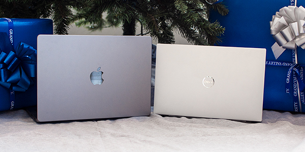 Macbook and PC by tree.